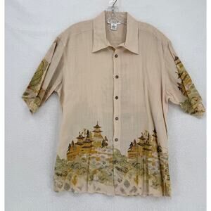 Citron Santa Monica Mens Taupe Asian Town Graphic Linen Button Shirt Sz M